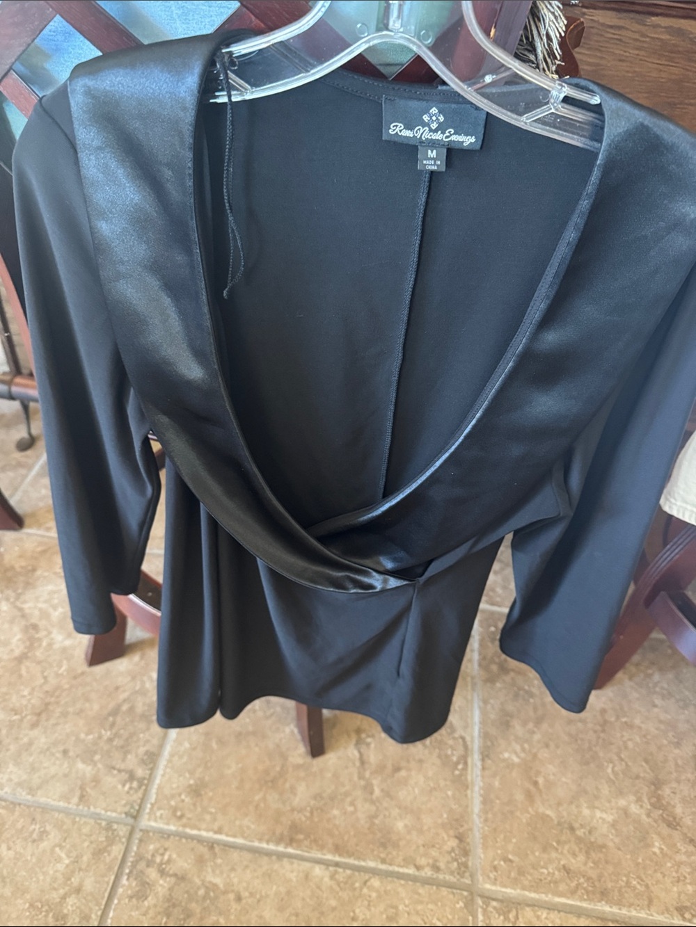 Black Draped Satin-Trim Top